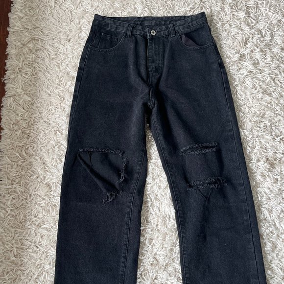 Large Black High-Waisted Ripped Baggy Wide Leg Jeans - Picture 3 of 6